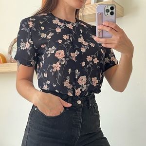 Vintage 90s navy floral design sheer blouse